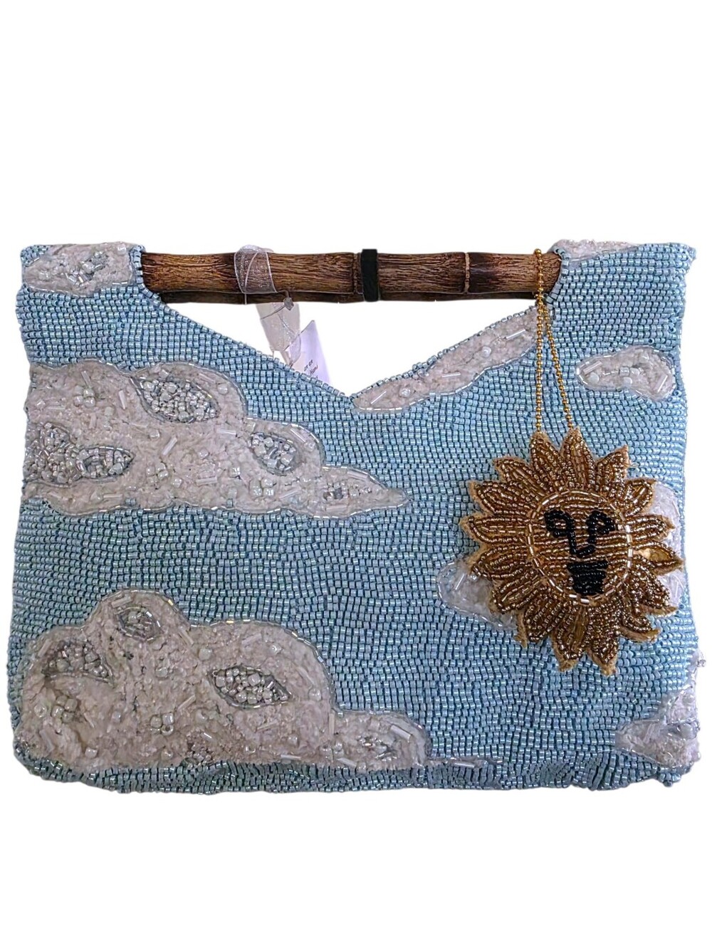 NEW Clouds Sky Beaded Bag Sun Charm Bamboo Handle Blue Clutch Made In India NWT